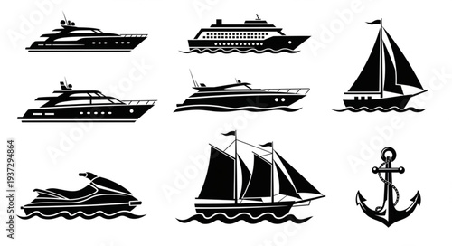 Collection of nautical vessel silhouettes and anchor icon.