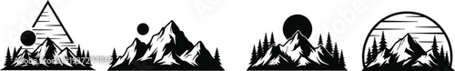 Mountain landscape silhouette icons, pine forest and sun vector illustrations, wilderness nature scenes, outdoor adventure travel elements, minimalist peak graphics