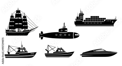Collection of diverse watercraft silhouettes on white background.