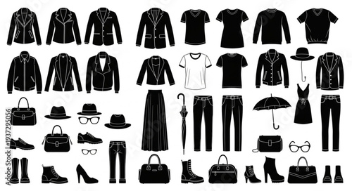 Collection of black clothing and accessories for men and women.