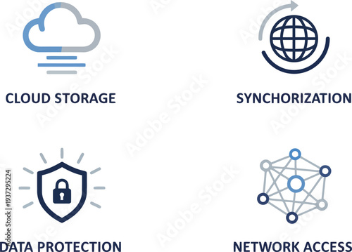 Vector icons representing cloud storage, synchronization, data protection, and network access in modern digital technology