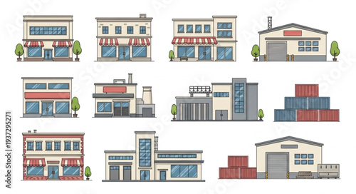 Collection of diverse commercial building illustrations in a flat design style.