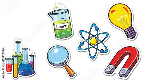 Colorful science icons and symbols for education and research: beaker, atom, magnet, lightbulb, magnifying glass, test tubes
