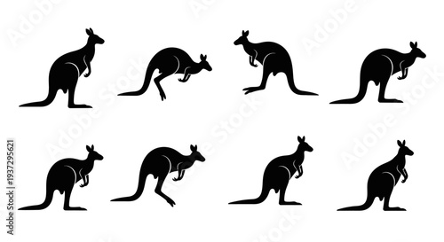 Minimalist flat vector illustration set of kangaroo silhouettes in various poses.
