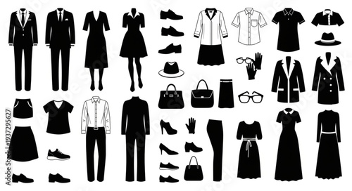 Collection of Black Silhouettes of Clothing and Accessories.