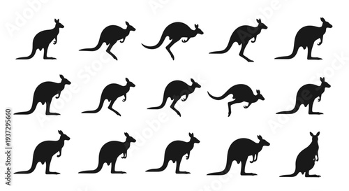 Minimalist flat vector illustration set of kangaroo silhouettes in various poses.