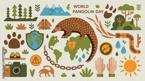 World Pangolin Day conservation illustration with pangolin, globe, nature elements, and protection symbols.