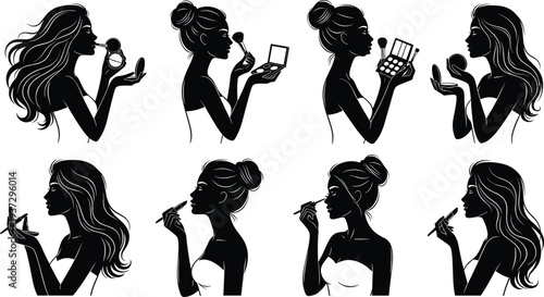 beauty woman silhouettes, makeup application, cosmetic routine, female profile, beauty salon concept, lipstick powder brush, makeup artist, fashion vector