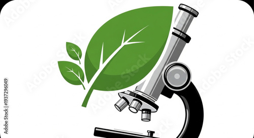 Microscope with Green Leaf and Scientific Equipment.