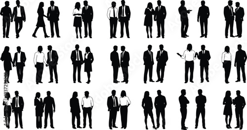 Business people silhouettes collection, corporate men and women talking, teamwork discussion, office professionals meeting, leadership workplace illustration set