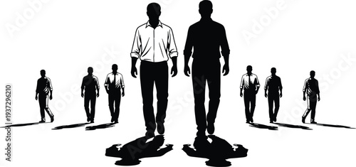 business men silhouettes, walking people, leadership concept, corporate team, professional men, business success, teamwork, office workers, vector illustration