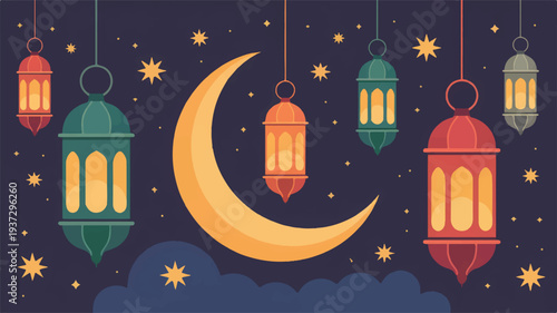 Mystical night scene with a large crescent moon, glowing lanterns, and twinkling stars, ideal for Ramadan or Eid celebrations.