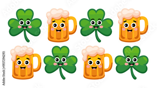 St. Patrick's Day celebration with shamrocks and beer mugs.