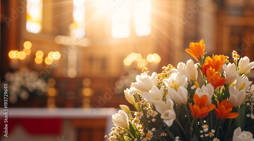 White and orange spring flowers in a sunlit church. Religious interior with sunbeams. Easter celebration