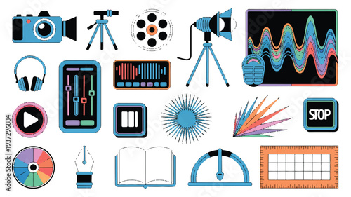 Digital media production icons: camera, film reel, tripod, headphones, sound mixer, waveform, and editing tools.