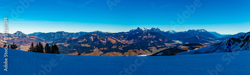 High resolution stitched alpine winter panorama at Mount Harschbichl, Sankt Johann in Tirol, Kitzbuehel, Tyrol, Austria