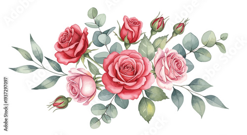A graceful watercolor arrangement of pink roses, rosebuds, and eucalyptus leaves, perfect for romantic and elegant designs.