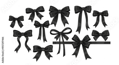 Collection of black satin bows on a white background.