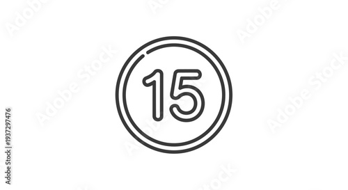 Simple black and white illustration of the number fifteen inside a circular outline.