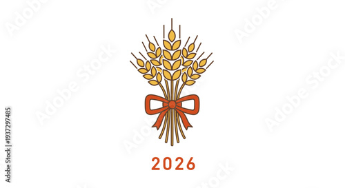 Golden wheat sheaf tied with red ribbon and the year 2026.