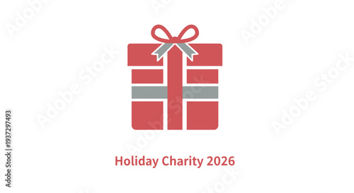 Red gift box with ribbon and charity text for holiday donation.