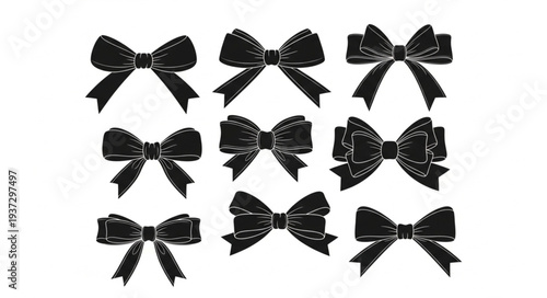 Collection of nine black hand drawn bows for decoration.