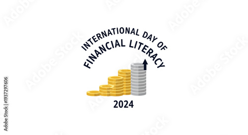 International Day of Financial Literacy 2024 logo with coins and financial growth.