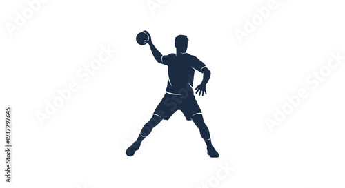 Silhouette of a male handball player in action throwing a ball.