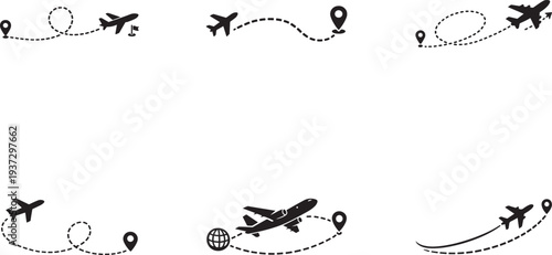 Plane route and airplane path vector set in flat style. Flight route icons for travel maps and design.