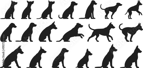 Collection of dog silhouettes in different sitting and standing poses isolated on light background, pet canine shapes set for animal icon design