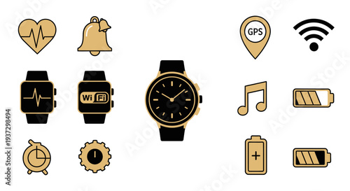 Smartwatch with various icons around it.
