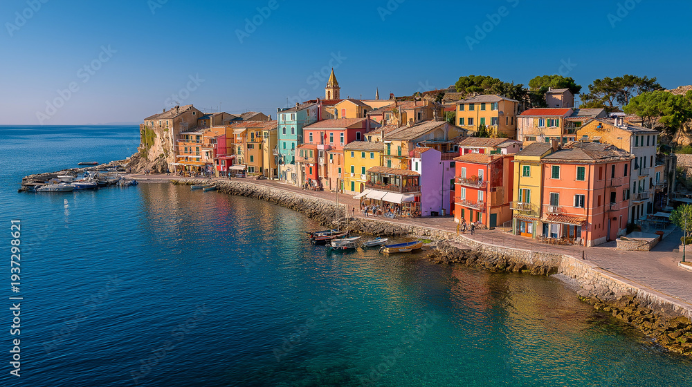 Obraz premium Scenic coastal village with colorful houses and blue sea during summer afternoon