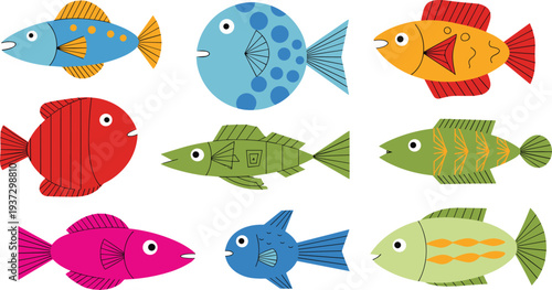 Colorful cartoon fish collection isolated on light background, cute marine animals set with different shapes and patterns for kids design, illustration, and icons
