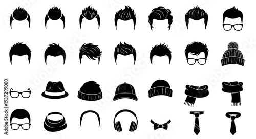 Collection of diverse male hairstyles and accessories icons.