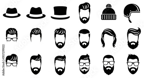 Collection of diverse male hairstyles and headwear icons.