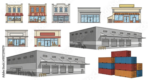 Collection of various storefront buildings and shipping containers.