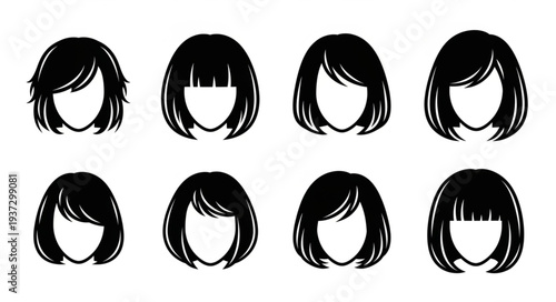 Collection of eight different black bob hairstyles for women.