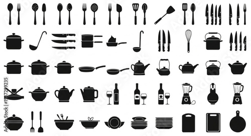 Collection of Kitchen Utensils and Cookware Silhouettes.