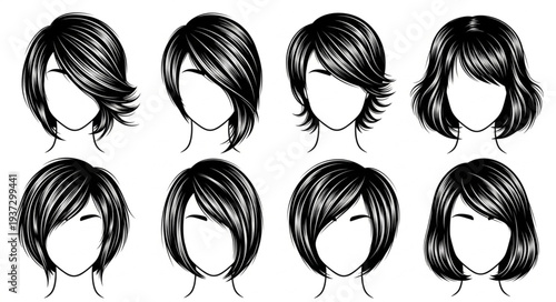Collection of eight different short hairstyles for women.