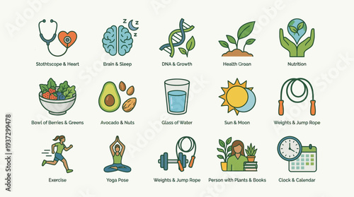 Grid of twelve icons representing health, nutrition, and wellness, including fruits, vegetables, exercise, hydration, and balance.
