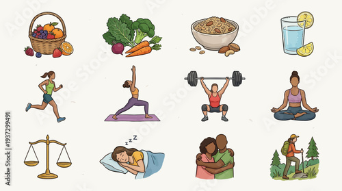 Grid of twelve icons representing health, nutrition, and wellness, including fruits, vegetables, exercise, hydration, and balance.