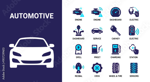 Automotive icons in modern flat design with blue color scheme on white background for web graphics