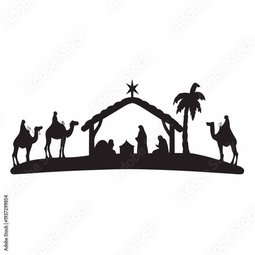 Nativity scene with camels and star of Bethlehem silhouette