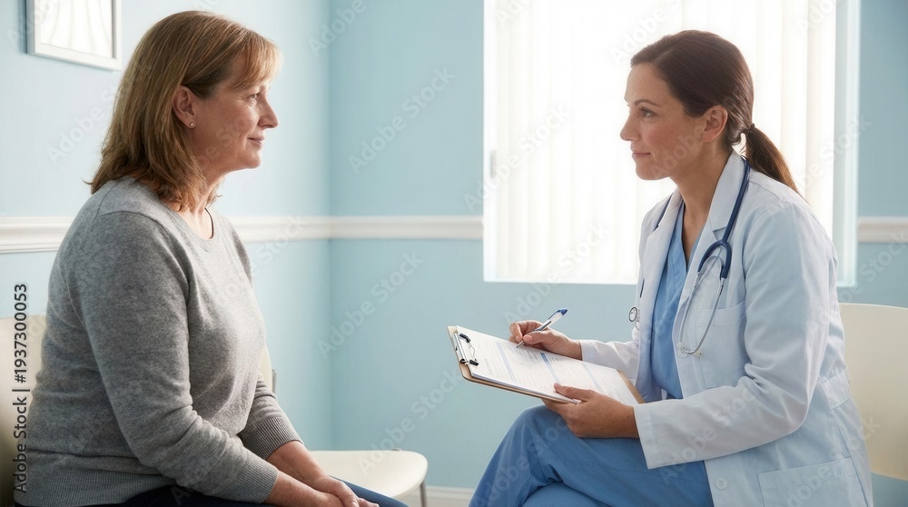 Fototapeta premium Medical Professional Discusses Patient Health in Clinical Setting with Empathy and Care
