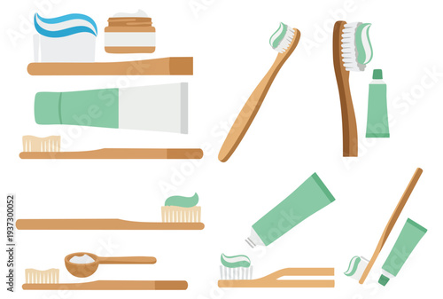 TOOTHBRUSH - Bamboo toothbrush with soft bristles and toothpaste  Flat Vector Illustration on Transparent Background