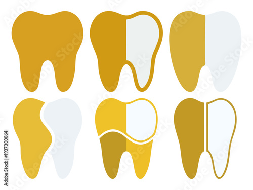 WHITENING - Tooth icon split between yellow and bright white  Flat Vector Illustration on Transparent Background