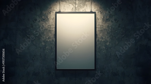 Poster mocap featuring a white poster on a dark, shabby wall, enhancing a grunge atmosphere. The image is hyperrealistic with high resolution and quality, presenting a grainy appearance accented by st