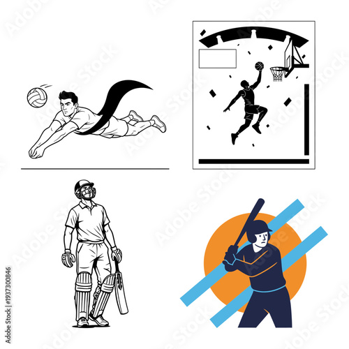 Volleyball and cricket icons with basketball dunk and baseball batter