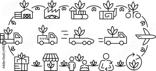 Sustainable logistics and transportation concept with plants growing from vehicles and buildings