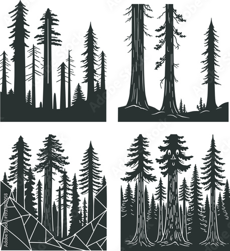 Black and white forest silhouette illustration, pine tree landscape, conifer woodland scene, nature background, outdoor wilderness art, minimal vector design